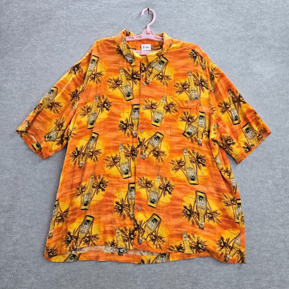 George Men Shirt 2XL Orange‎ Floral Bottle Hawaiian Beer Short Sleeve Rayon